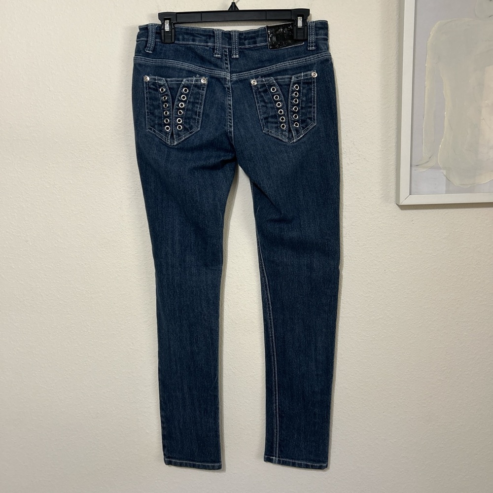 Brooklyn Girl Dark Wash Skinny Jeans Size 7 Grommet Lace Up Pocket Y2K Cyber - Picture 4 of 7